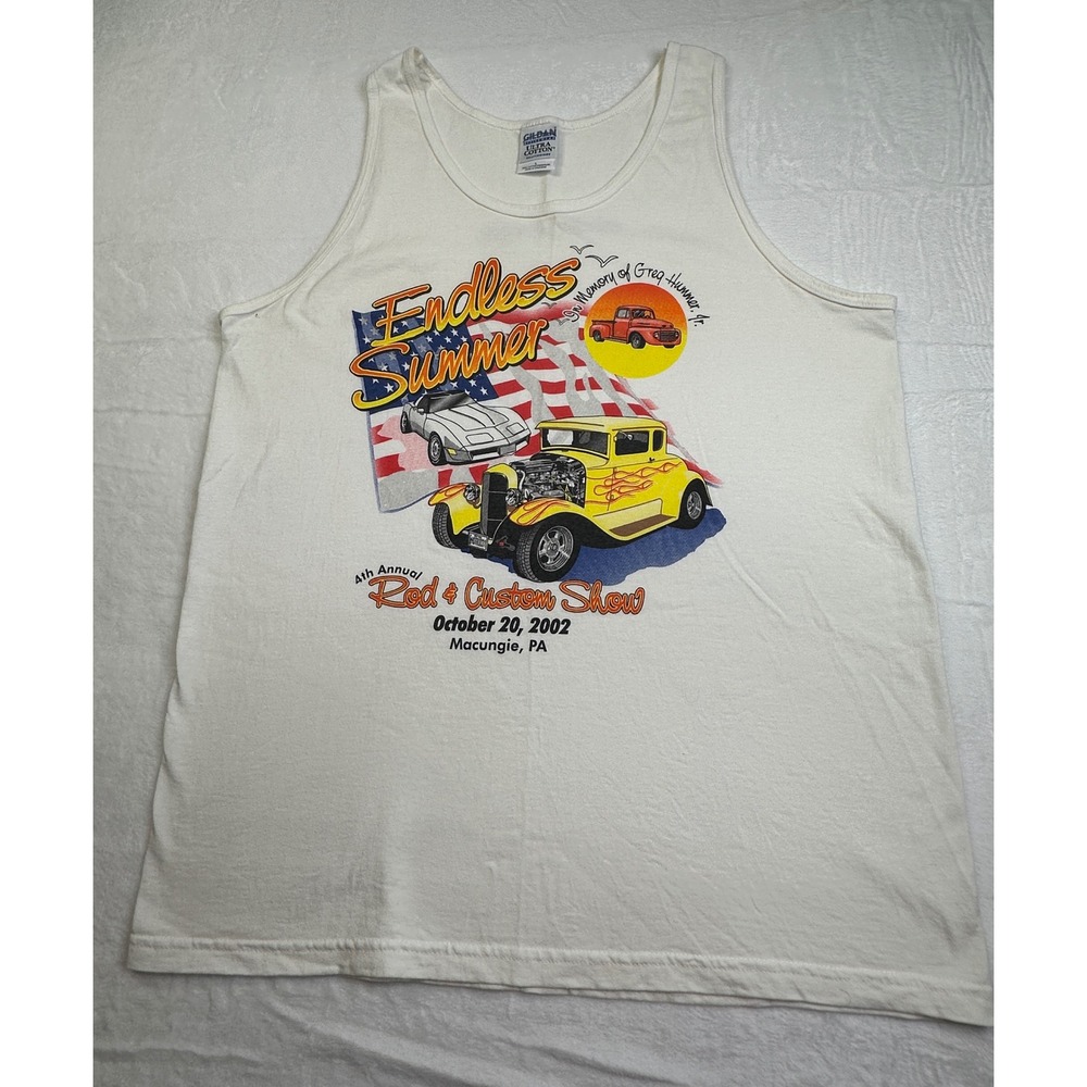 Gildan Tank Top Mens L White Endless Summer Rod Custom Show 2002 Vintage Car